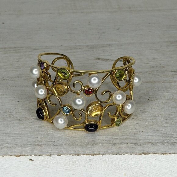 925 Sterling Silver Wide Filigree Stone & Pearl Cuff Bracelet 55.9g VGC - Picture 1 of 6